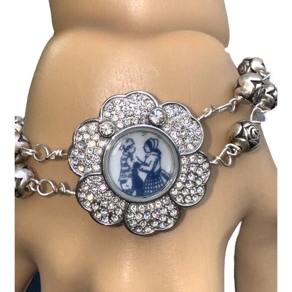 Upcycled  Vntg Rhinestone Watch w ith Danish Blue Willow China Icon Centerpiece - Picture 2 of 11
